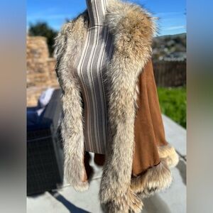 Adrienne Landau Fox Fur Trimmed Brown Cape